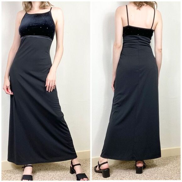 Vintage Dresses & Skirts - Vintage 90’s Byer Too! Black Velvet Sparkly Maxi Formal Party Dress Size S